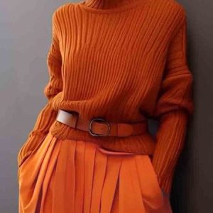 Turtleneck Long Sleeve Loose Casual Sweater, Pullovers, color:Orange|size:XXL, Stylewe