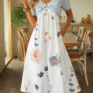 Casual Floral Short Sleeve Two-Piece Set, Midi, color:White|size:XXL, catalog Noracora shop