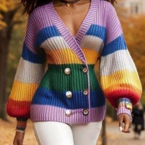 Casual Balloon Sleeve Buttoned Color Block Striped Cardigan Sweater, Cardigans, color:As Picture|size:XXL, Stylewe