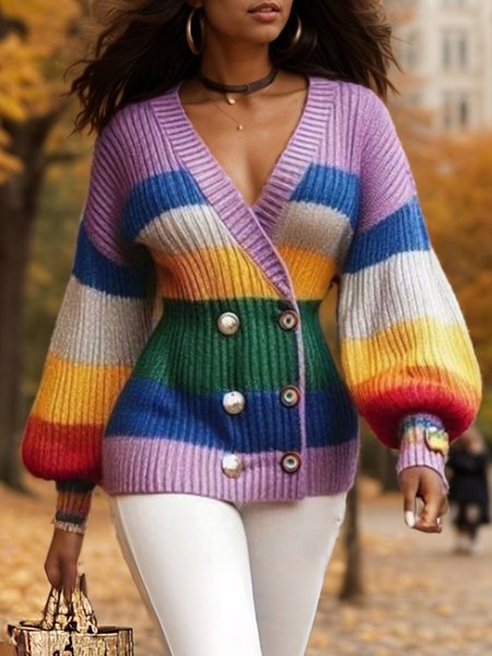 Casual Balloon Sleeve Buttoned Color Block Striped Cardigan Sweater, Cardigans, color:As Picture|size:XXL, Stylewe