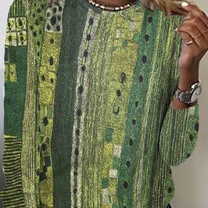 Casual Ethnic Crew Neck Long Sleeve T-shirt, T-shirts, color:Green|size:XS, catalog Noracora shop