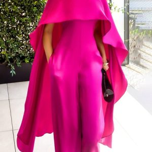 Elegant Plain Crew Neck Jumpsuit, Jumpsuits, color:Deep Pink|size:XXL, Stylewe