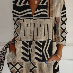 Geometric Loose Shirt Collar Casual Shirt, Blouses, Lilicloth.com