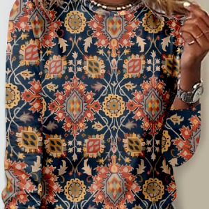 Casual Ethnic Crew Neck Long Sleeve T-shirt, T-shirts, color:Green|size:L, catalog Noracora shop