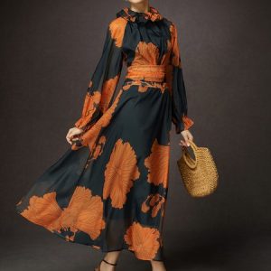 Loose Lotus Leaf Collar Long Sleeve Elegant Floral Maxi Dress, Maxi Dresses, color:As Picture|size:XXL, Stylewe