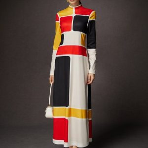 Elegant Colorblock Stand Collar Maxi Dress, Maxi Dresses, color:As Picture|size:XXL, Stylewe