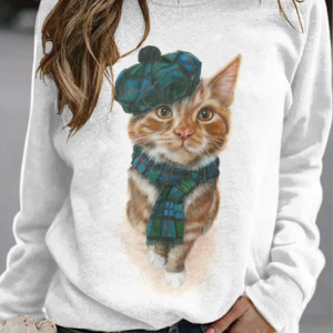 Western style cute cat round neck pullover sweatshirt, Hoodies&Sweatshirts, Lilicloth.com