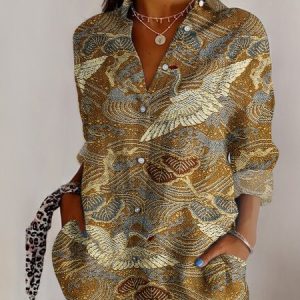 Shirt Collar Long Sleeve Animal Regular Regular Fit Shirt For Women, Shirts, color:Brown|size:5XL, catalog Noracora shop
