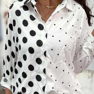 Shirt Collar Long Sleeve Polka Dots Regular Loose Shirt For Women, Shirts, color:White|size:XL, catalog Noracora shop