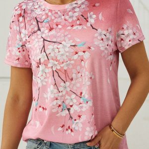 Floral Crew Neck Loose Casual T-Shirt, T-shirts, color:Pink|size:XXL, catalog Noracora shop