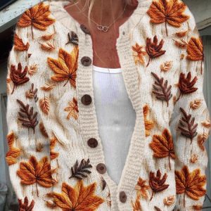 Women Maple Leaf Long Sleeve Comfy Casual Buckle Cardigan, Cardigans, color:Orange|size:3XL, catalog Noracora shop