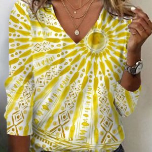 Casual Geometric V Neck Long Sleeve T-shirt, T-shirts, color:Yellow|size:XXL, catalog Noracora shop