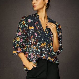 V-Neck Printed Floral Loose Blouse, Blouses and Shirts, color:Black|size:XXL, Stylewe