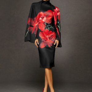 Mock Neck Urban Floral Print Soft Dress, Midi Dresses, color:As Picture|size:XXL, Stylewe