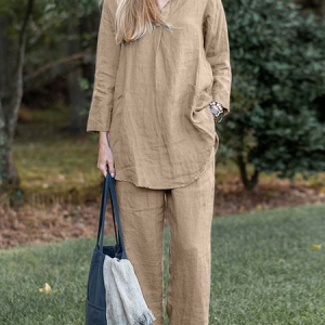 Women Plain Long Sleeve Comfy Casual Top With Pants Two-Piece Set, Sets, color:Khaki|size:5XL, catalog Noracora shop
