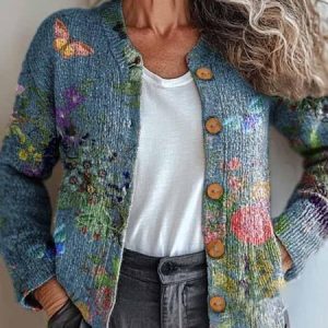 Women's Floral Zipper Regular Loose Jacket, Outerwear, color:Blue|size:5XL, catalog Noracora shop