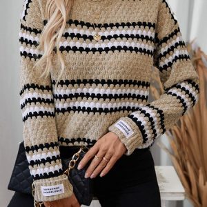 Women Yarn/Wool Yarn Striped Long Sleeve Comfy Casual Sweater, Sweaters, color:Khaki|size:XL, catalog Noracora shop