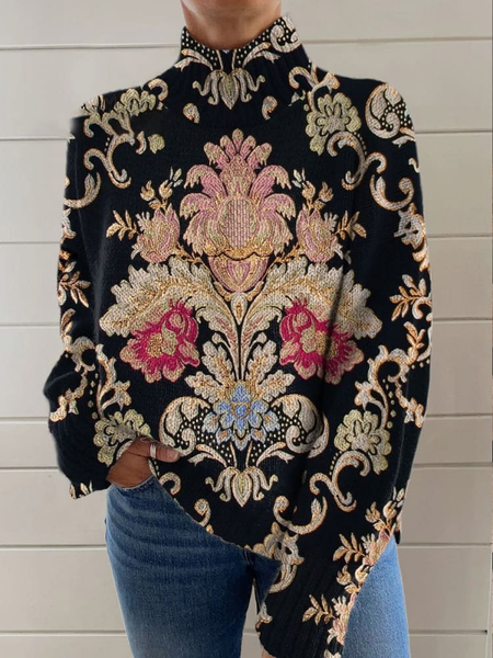 Women's Turtleneck Floral Casual Spring/Fall Long Sleeve Sweatshirt, JustFashionNow Sweatshirts & Hoodies, color:Black|size:3XL,