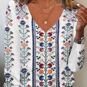 Casual Loose Floral V Neck T-Shirt, Long sleeves, Lilicloth.com