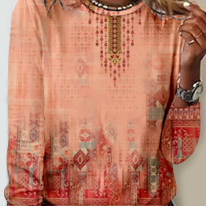 Casual Ethnic Jersey Loose T-Shirt, Long sleeves, Lilicloth.com