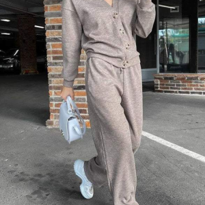 Women Plain V Neck Long Sleeve Comfy Casual Coat With Pants Two-Piece Set, Sets, color:Gray|size:5XL, catalog Noracora shop