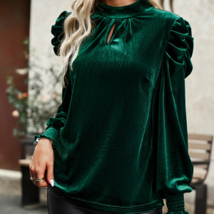 Crew Neck Long Sleeve Plain Regular Micro-Elasticity Loose Blouse For Women, Blouses, color:Green|size:XL, catalog Noracora shop