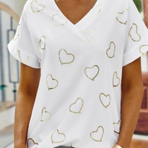 Heart Short sleeve V Neck Casual Short Sleeve T-shirt, Blouses, color:White|size:3XL, catalog Noracora shop