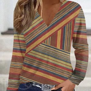 Vintage Multicolor Block V Neck Long Sleeve T-shirt, T-shirts, color:Multicolor|size:XXL, catalog Noracora shop