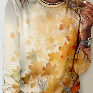 Casual Crew Neck Maple Leaf T-Shirt, Long sleeves, Lilicloth.com