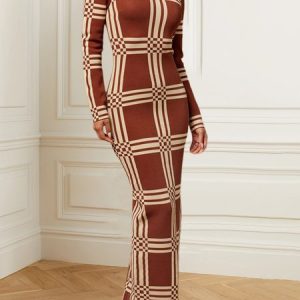 Tight Regular Sleeve Casual Sweater Dress, Maxi Dresses, color:Red Brown|size:XXL, Stylewe