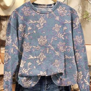 Women Floral Crew Neck Casual Spring/Fall Long Sleeve Sweatshirt, JustFashionNow Sweatshirts & Hoodies, color:Blue|size:XXL,
