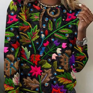 Vintage Embroidered Flower Long Sleeve T-shirt, Long sleeves, Lilicloth.com