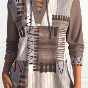 Long Sleeve Geometric Regular Micro-Elasticity Loose Blouse For Women, Blouses, color:Brown|size:XXL, catalog Noracora shop
