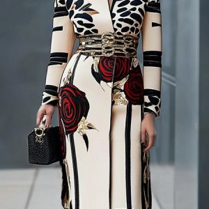 Regular Sleeve Urban Stand Collar Printing Dress With No Belt, Midi Dresses, color:As Picture|size:XXL, Stylewe
