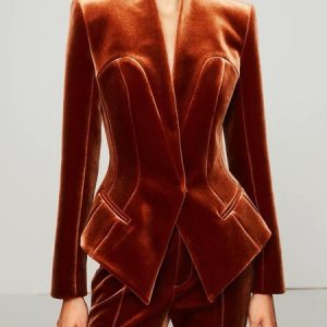 Regular Fit Urban Velvet Plain Long Sleeve Blazer, Blazers, color:Caramel|size:XXL, Stylewe