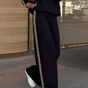 Casual Text Letters High Waist Wide leg Pants, Pants, color:Black|size:XXL, Stylewe