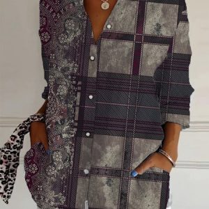 Women's Long Sleeve Shirt Spring/Fall Plaid Shirt Collar Daily Going Out Casual Top, JustFashionNow Blouses, color:Multicolor|size:5XL,