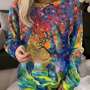 Women Casual Crew Neck Abstract Natural Print Sweatshirt, Hoodies & Sweatshirts, color:Multicolor|size:XXL, catalog Noracora shop