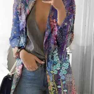 Women's Abstract Regular Loose Blazer, Outerwear, color:Blue|size:XXL, catalog Noracora shop