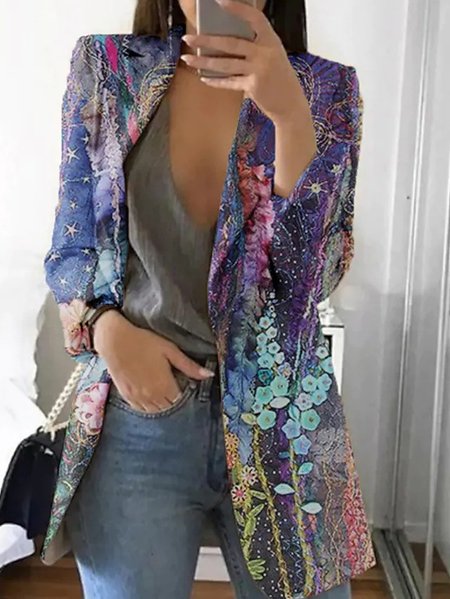 Women's Abstract Spring/Fall Outerwear Casual Long Sleeve Lapel Collar Regular Blazer, JustFashionNow Blazers, color:Blue|size:XXL,