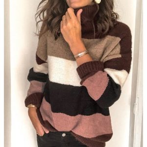 Women Yarn/Wool Yarn Striped Long Sleeve Comfy Casual Sweater, Sweaters, color:Rust|size:3XL, catalog Noracora shop