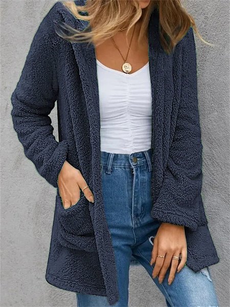 Women's Spring/Fall Outerwear Casual Fluff/Granular Fleece Fabric Zipper Plain Long Sleeve Hoodie Jacket, JustFashionNow Jackets, color:Navyblue|size:XXL,