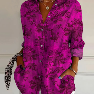Shawl Collar Long Sleeve Floral Regular Micro-Elasticity Loose Shirt For Women, Shirts, color:Rose Red|size:5XL, catalog Noracora shop