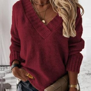 Women Yarn/Wool Yarn Plain Long Sleeve Comfy Casual Sweater, Sweaters, color:Wine Red|size:3XL, catalog Noracora shop