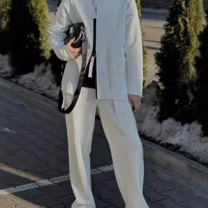 Women Plain Long Sleeve Comfy Casual Coat With Pants Two-Piece Set, Sets, color:White|size:5XL, catalog Noracora shop