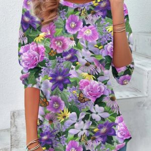 Casual Floral Crew Neck Long Sleeve T-shirt, T-shirts, color:Purple|size:XXL, catalog Noracora shop