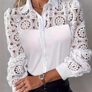 Women's Long Sleeve Shirt Spring/Fall Plain Lace Shirt Collar Daily Going Out Casual Top, JustFashionNow Blouses, color:White|size:XXL,