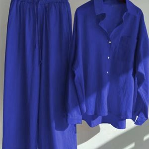 Women Plain Shawl Collar Half Sleeve Comfy Casual Top With Pants Two-Piece Set, Sets, color:Deep Blue|size:5XL, catalog Noracora shop
