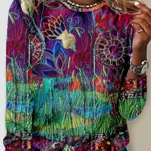 Casual Loose Crew Neck Abstract T-Shirt, Long sleeves, Lilicloth.com