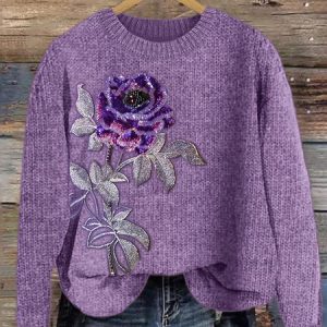 Women's Winter Maple Leaf Casual Long Sleeve Crew Neck Knitted Sweater, JustFashionNow Sweaters, color:Purple|size:5XL,